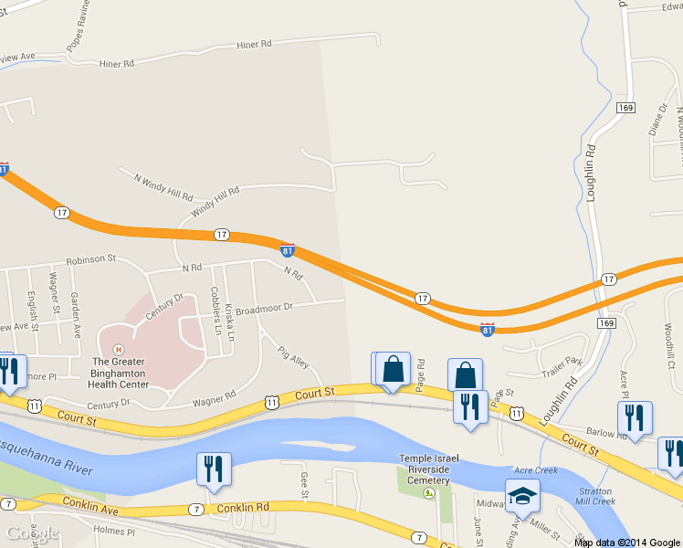 map of restaurants, bars, coffee shops, grocery stores, and more near Highway 17 in Binghamton