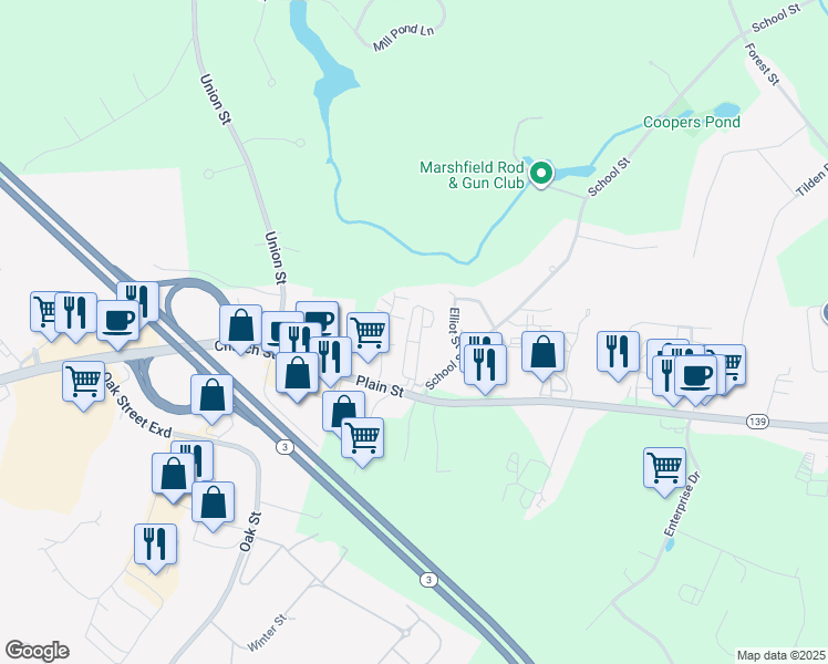 map of restaurants, bars, coffee shops, grocery stores, and more near 4 Royal Dane Drive in Marshfield