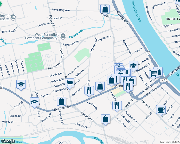 map of restaurants, bars, coffee shops, grocery stores, and more near 114 Field Street in West Springfield