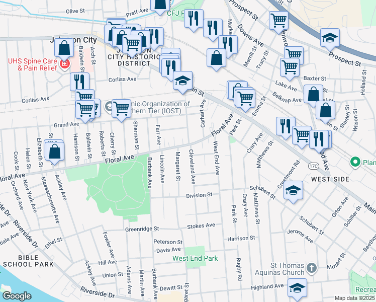 map of restaurants, bars, coffee shops, grocery stores, and more near 11 Margaret Street in Binghamton