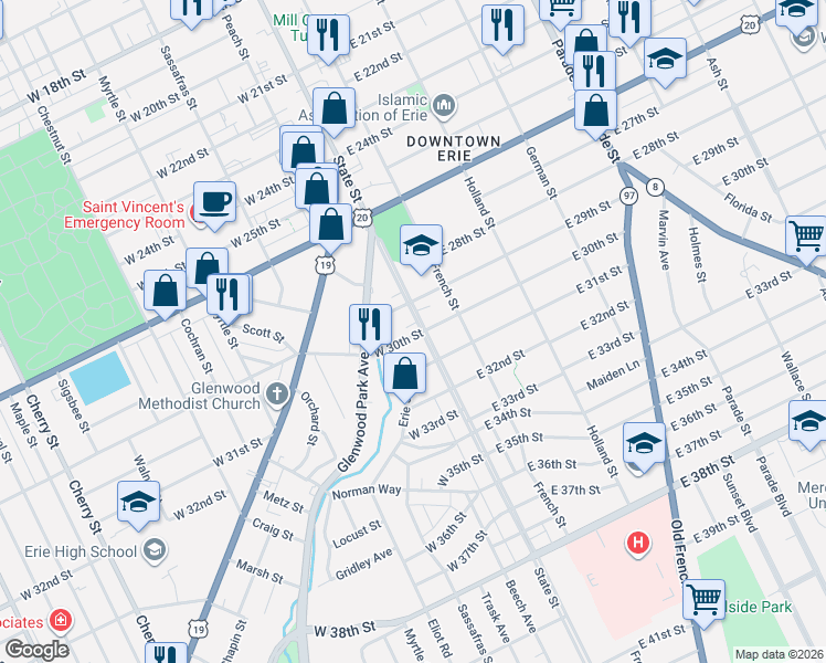 map of restaurants, bars, coffee shops, grocery stores, and more near 3018 State Street in Erie