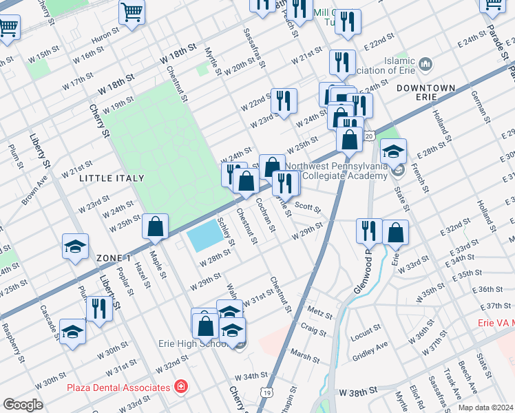 map of restaurants, bars, coffee shops, grocery stores, and more near 2632 Cochran Street in Erie