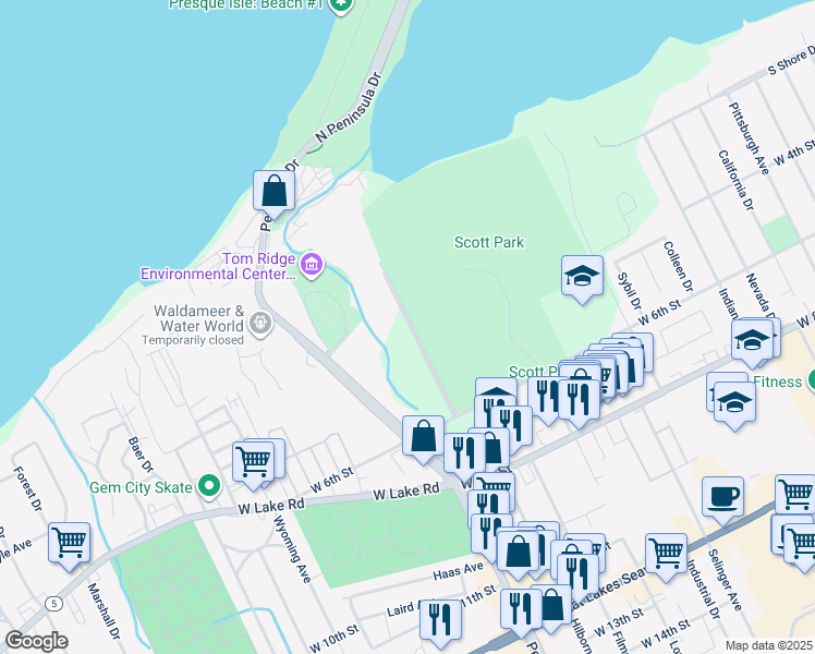 map of restaurants, bars, coffee shops, grocery stores, and more near 310 Presque Isle Boulevard in Erie