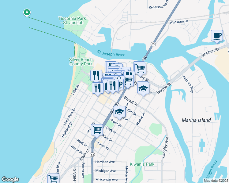 map of restaurants, bars, coffee shops, grocery stores, and more near 400 State Street in St. Joseph