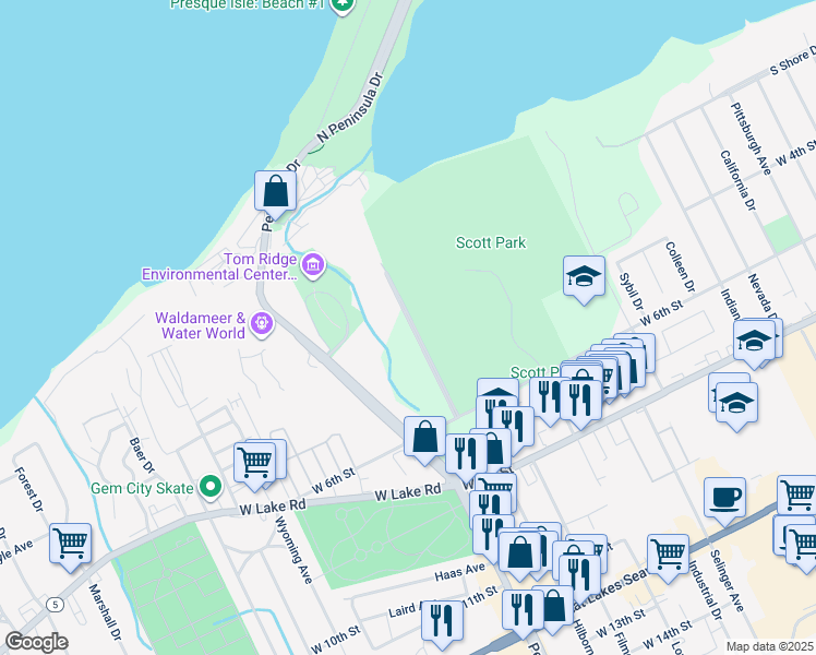 map of restaurants, bars, coffee shops, grocery stores, and more near 310 Presque Isle Boulevard in Erie