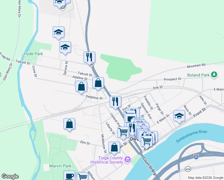 map of restaurants, bars, coffee shops, grocery stores, and more near 174 North Avenue in Owego