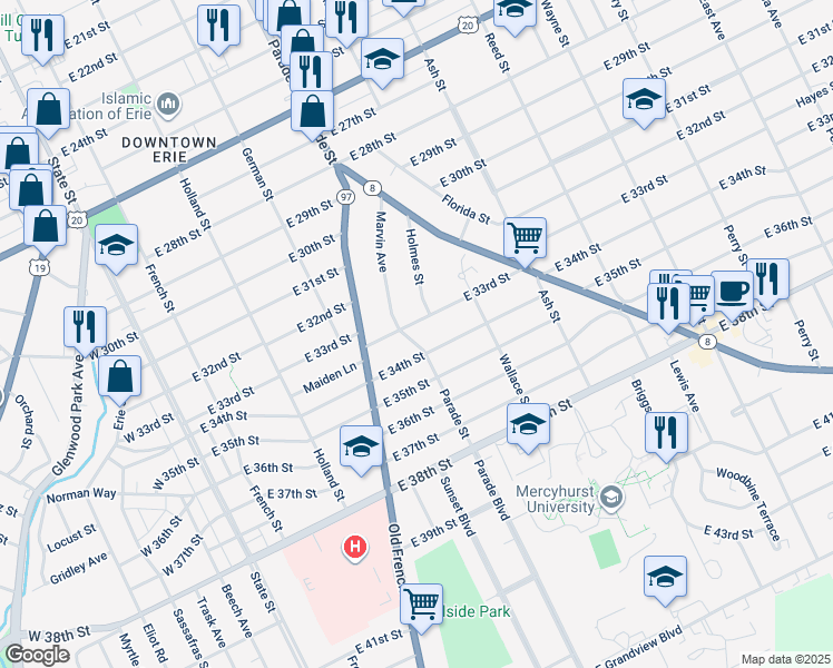 map of restaurants, bars, coffee shops, grocery stores, and more near 411 East 33rd Street in Erie