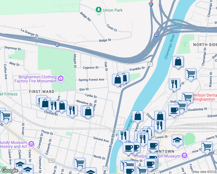 map of restaurants, bars, coffee shops, grocery stores, and more near Oak Street & Elm Street in Binghamton