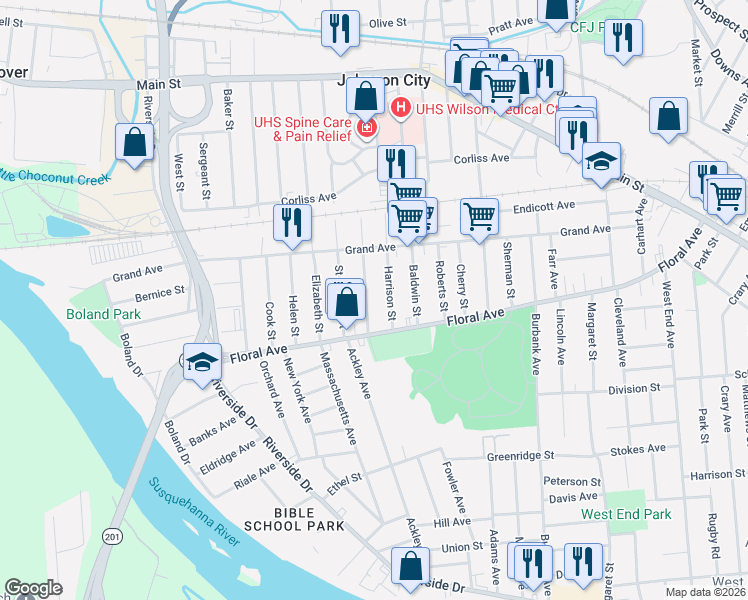map of restaurants, bars, coffee shops, grocery stores, and more near 231 Floral Avenue in Johnson City
