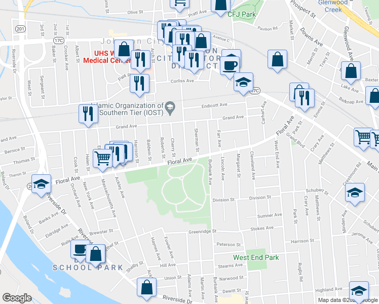 map of restaurants, bars, coffee shops, grocery stores, and more near 233 Willow Street in Johnson City