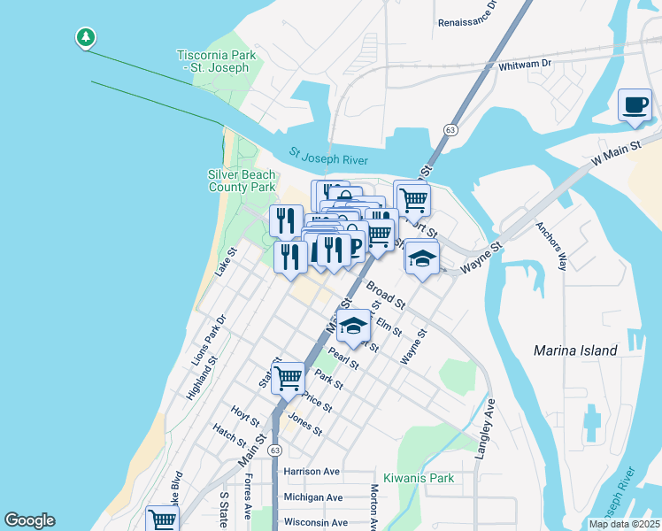 map of restaurants, bars, coffee shops, grocery stores, and more near 400 State St in St Joseph