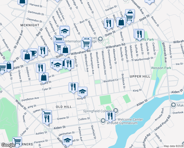 map of restaurants, bars, coffee shops, grocery stores, and more near 24 Gunn Square in Springfield