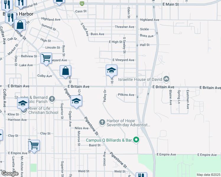 map of restaurants, bars, coffee shops, grocery stores, and more near 750 East Britain Avenue in Benton Harbor