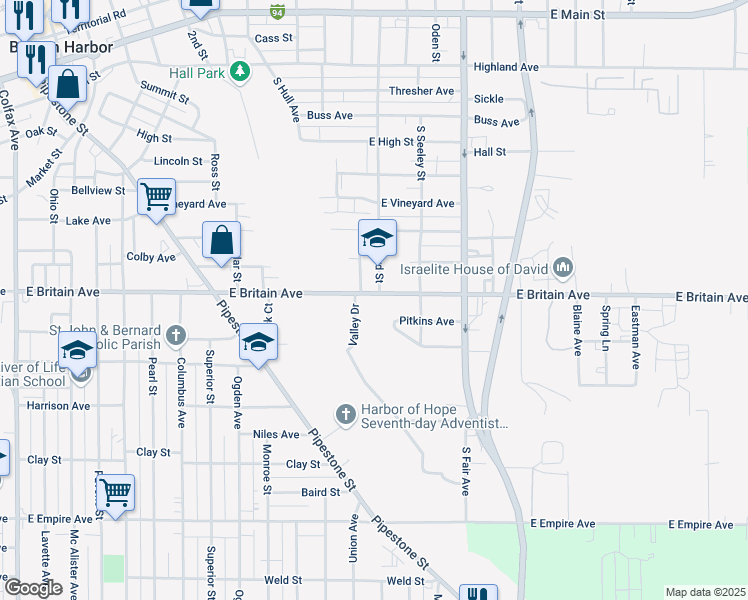 map of restaurants, bars, coffee shops, grocery stores, and more near 750 East Britain Avenue in Benton Harbor