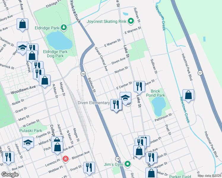 map of restaurants, bars, coffee shops, grocery stores, and more near 331 East Center Street in Elmira