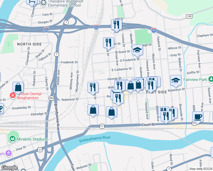 map of restaurants, bars, coffee shops, grocery stores, and more near 30 William Street in Binghamton