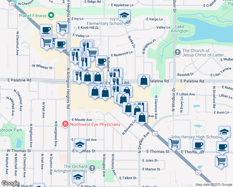 map of restaurants, bars, coffee shops, grocery stores, and more near 640 East Rand Road in Arlington Heights