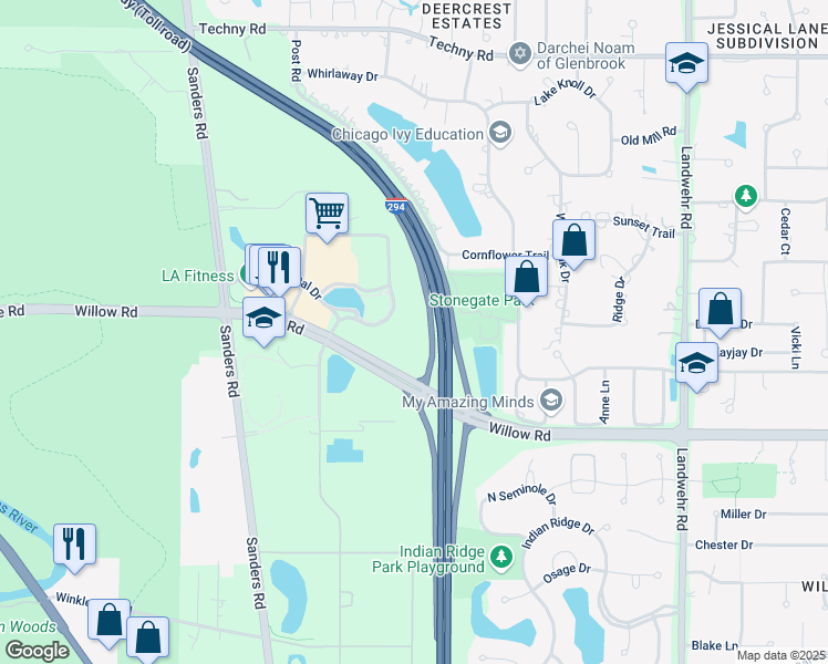 map of restaurants, bars, coffee shops, grocery stores, and more near 1 Astellas Way in Northbrook