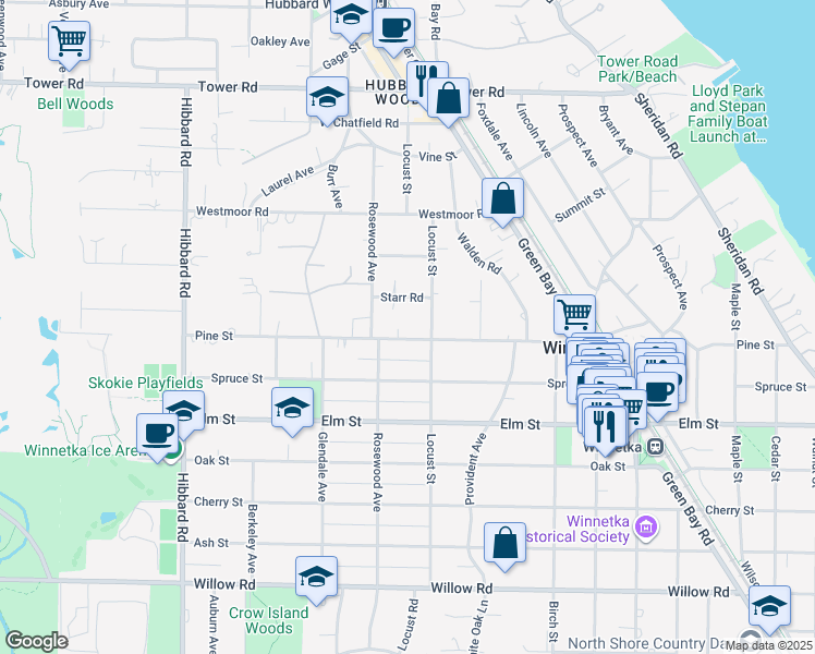 map of restaurants, bars, coffee shops, grocery stores, and more near 1020 Pine Street in Winnetka