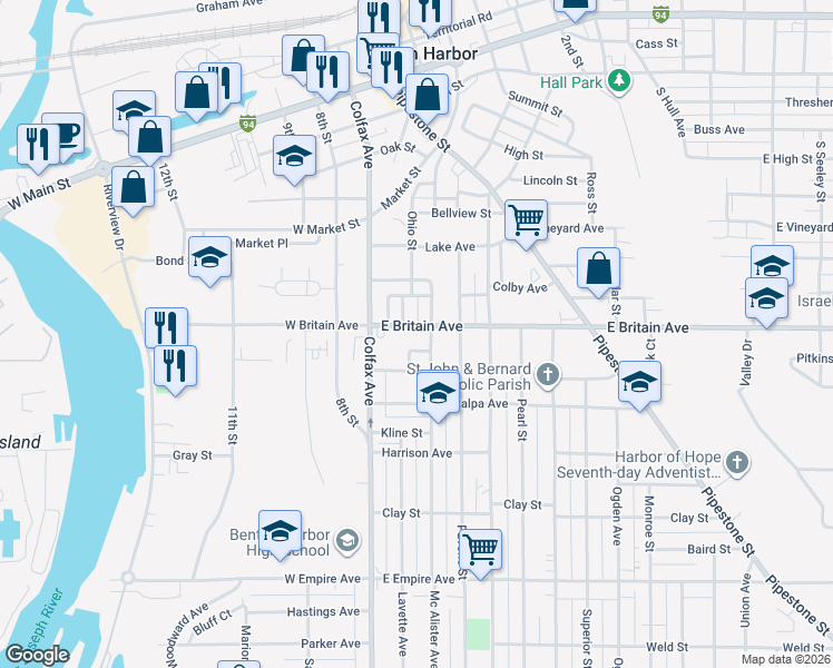 map of restaurants, bars, coffee shops, grocery stores, and more near 548 McAlister Street in Benton Harbor
