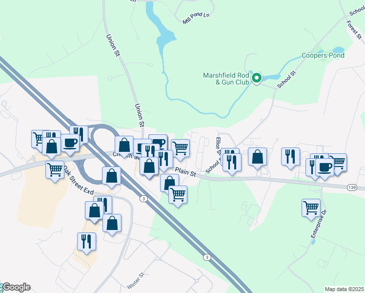 map of restaurants, bars, coffee shops, grocery stores, and more near 3 Royal Dane Drive in Marshfield