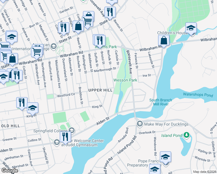 map of restaurants, bars, coffee shops, grocery stores, and more near 179 Bristol Street in Springfield