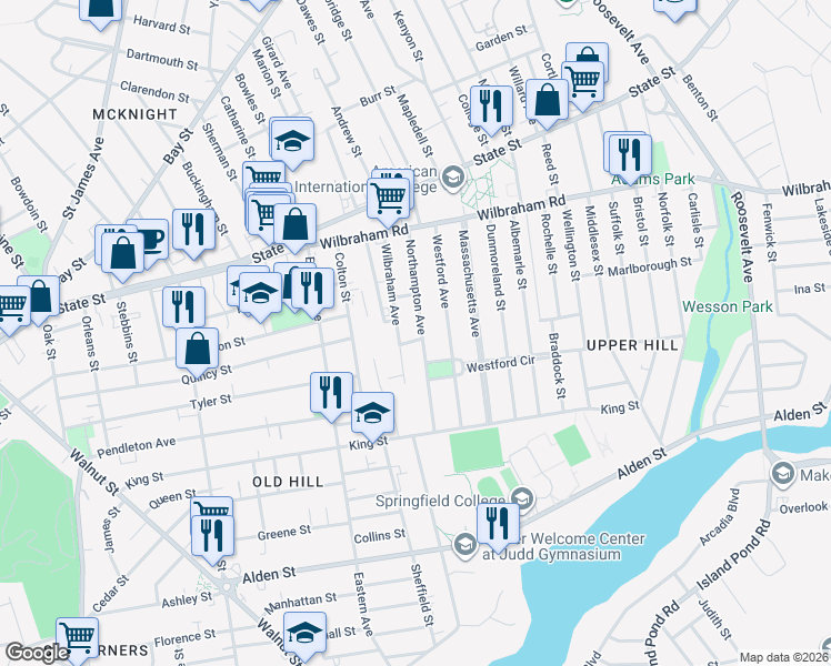 map of restaurants, bars, coffee shops, grocery stores, and more near 24 Gunn Square in Springfield
