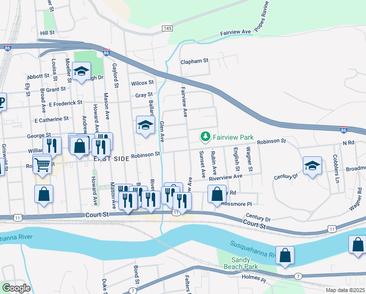 map of restaurants, bars, coffee shops, grocery stores, and more near 46 Milford Street in Binghamton