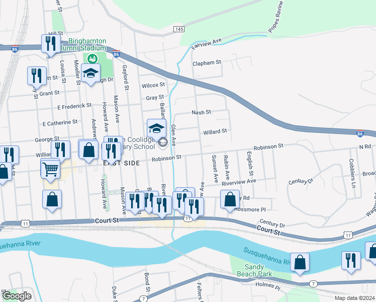 map of restaurants, bars, coffee shops, grocery stores, and more near 46 Milford Street in Binghamton
