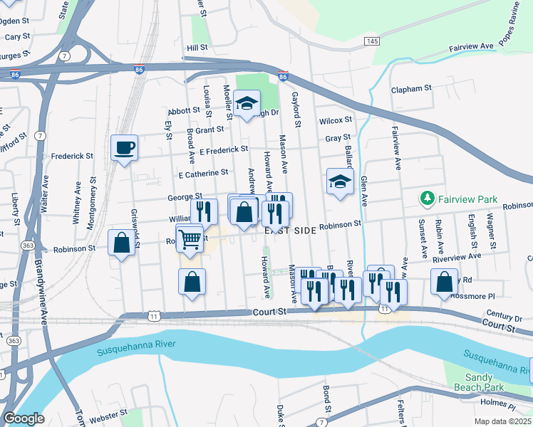 map of restaurants, bars, coffee shops, grocery stores, and more near 201 Robinson Street in Binghamton