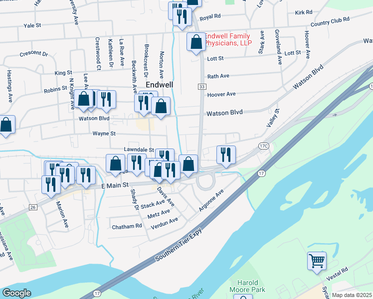 map of restaurants, bars, coffee shops, grocery stores, and more near 3336 Pearl Street in Endicott