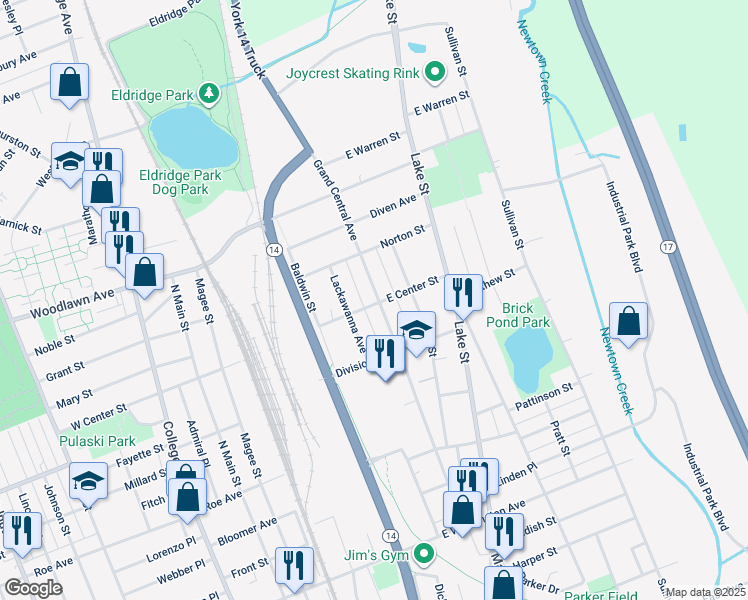 map of restaurants, bars, coffee shops, grocery stores, and more near 1213 Grand Central Avenue in Elmira