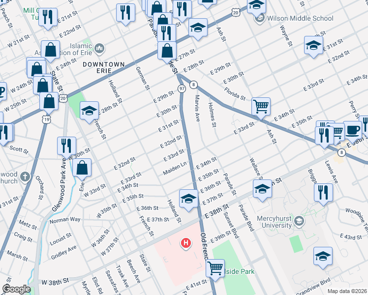 map of restaurants, bars, coffee shops, grocery stores, and more near 313 East 33rd Street in Erie
