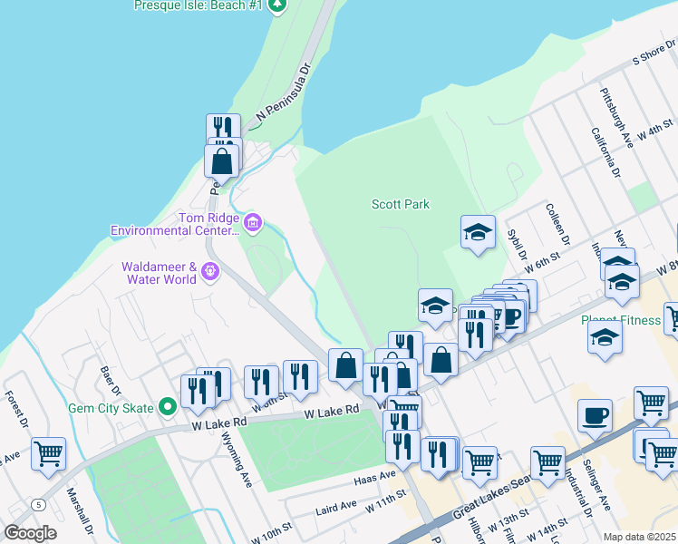 map of restaurants, bars, coffee shops, grocery stores, and more near 310 Presque Isle Boulevard in Erie