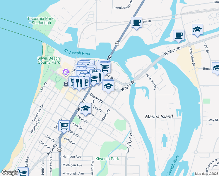 map of restaurants, bars, coffee shops, grocery stores, and more near 915 Pleasant Street in St. Joseph