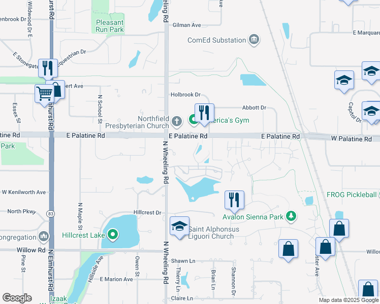 map of restaurants, bars, coffee shops, grocery stores, and more near Wheeling in Wheeling