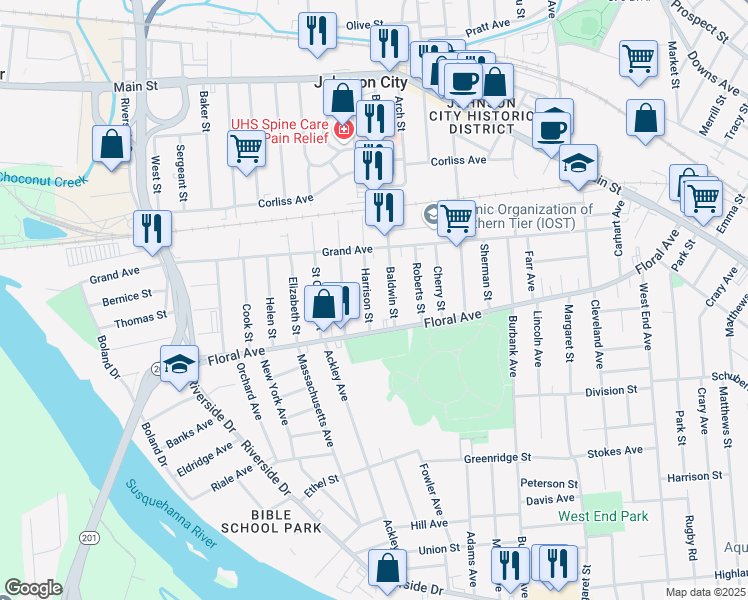 map of restaurants, bars, coffee shops, grocery stores, and more near 223 Harrison Street in Johnson City