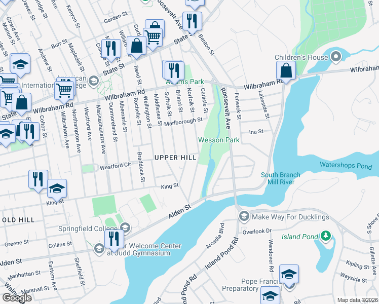 map of restaurants, bars, coffee shops, grocery stores, and more near 179 Bristol Street in Springfield