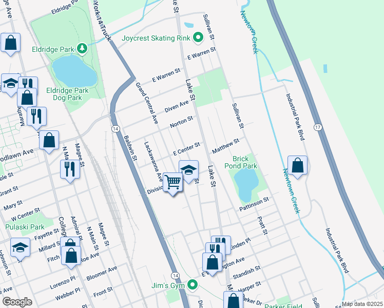 map of restaurants, bars, coffee shops, grocery stores, and more near 1207 Hall Street in Elmira