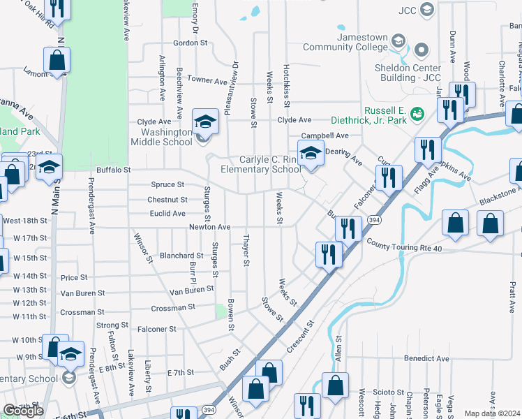 map of restaurants, bars, coffee shops, grocery stores, and more near 274 Buffalo Street in Jamestown