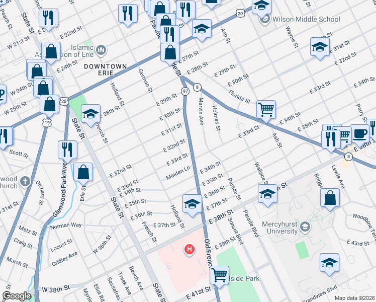 map of restaurants, bars, coffee shops, grocery stores, and more near 313 East 33rd Street in Erie