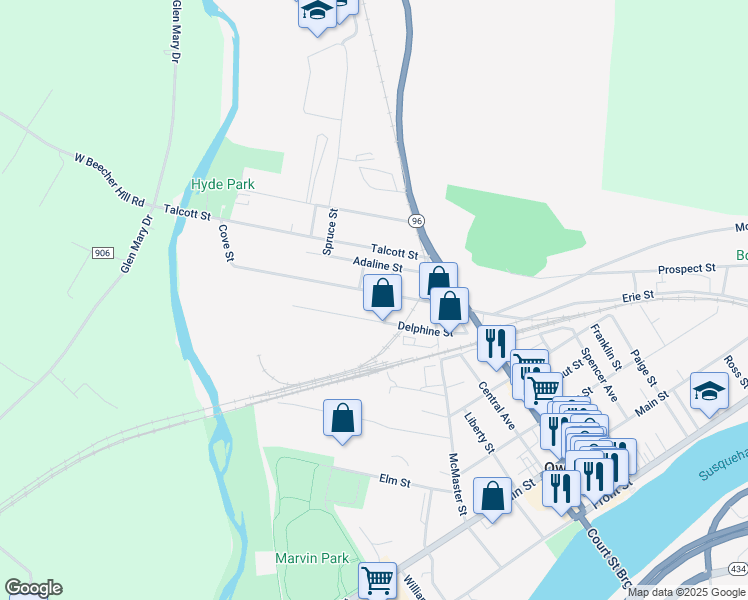 map of restaurants, bars, coffee shops, grocery stores, and more near 56 Delphine Street in Owego