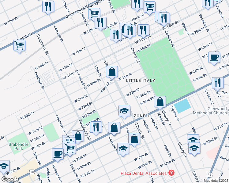 map of restaurants, bars, coffee shops, grocery stores, and more near 815 West 21st Street in Erie