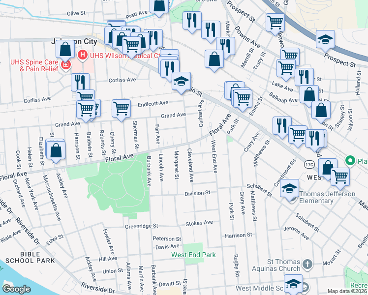 map of restaurants, bars, coffee shops, grocery stores, and more near 58 Floral Avenue in Binghamton