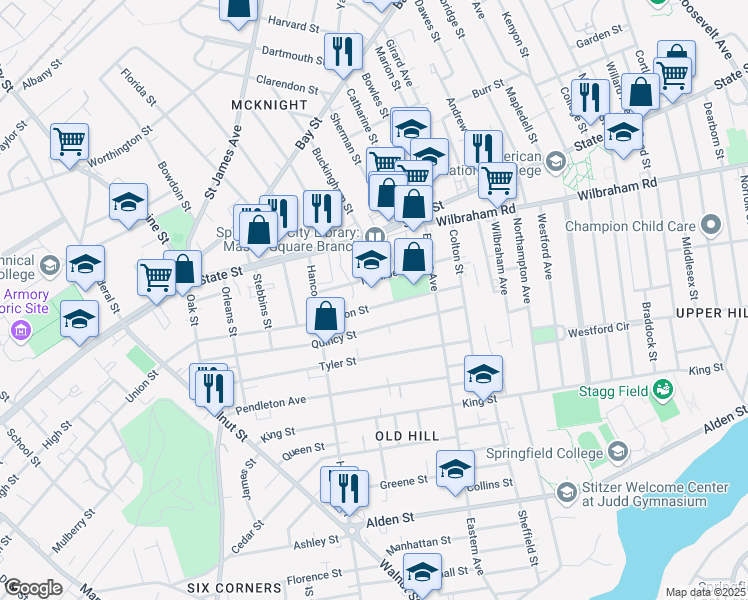 map of restaurants, bars, coffee shops, grocery stores, and more near 670 Union Street in Springfield