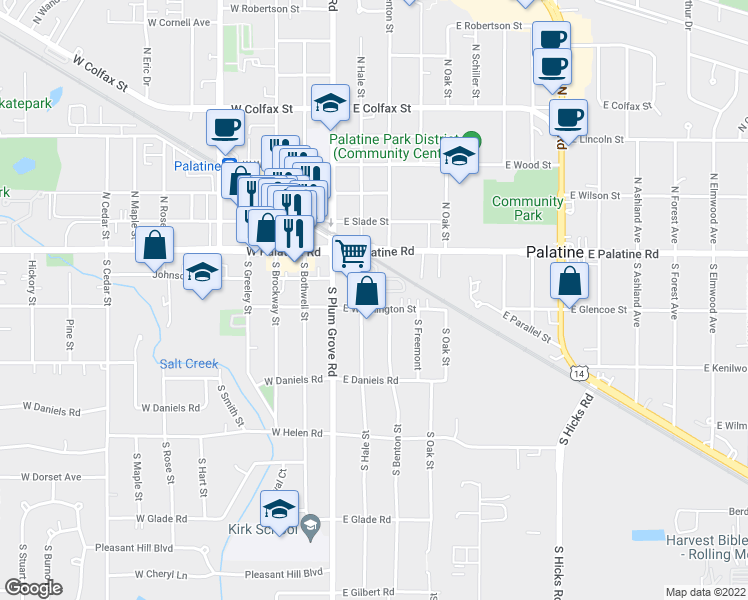 map of restaurants, bars, coffee shops, grocery stores, and more near 44 East Washington Street in Palatine