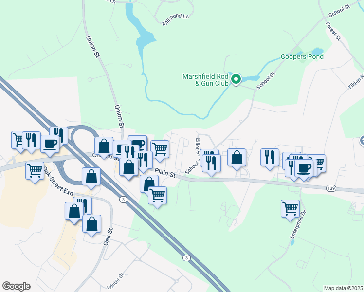 map of restaurants, bars, coffee shops, grocery stores, and more near 1020 Plain Street in Marshfield