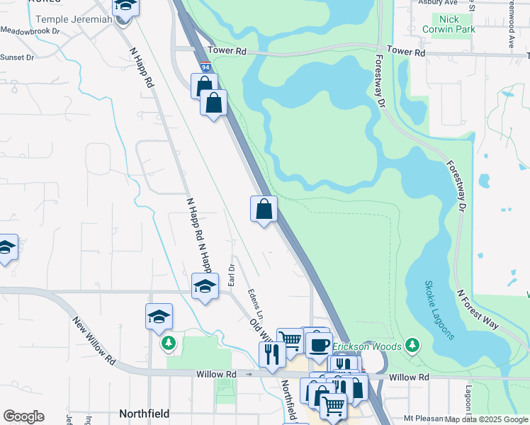 map of restaurants, bars, coffee shops, grocery stores, and more near Northfield Plaza in Northfield
