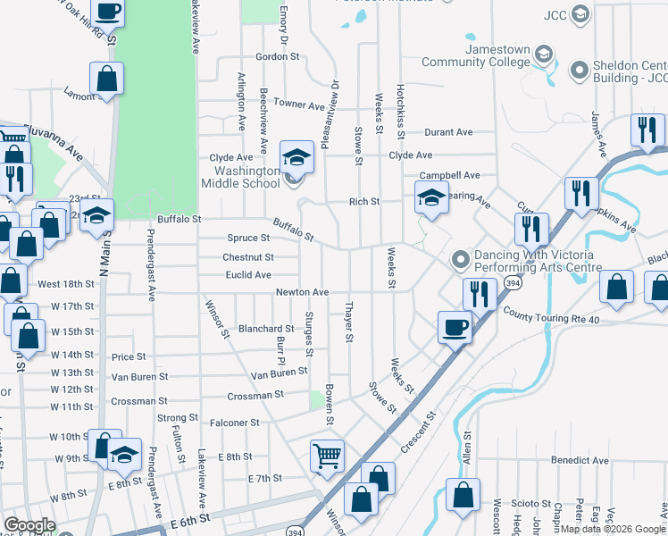 map of restaurants, bars, coffee shops, grocery stores, and more near 242 Buffalo Street in Jamestown