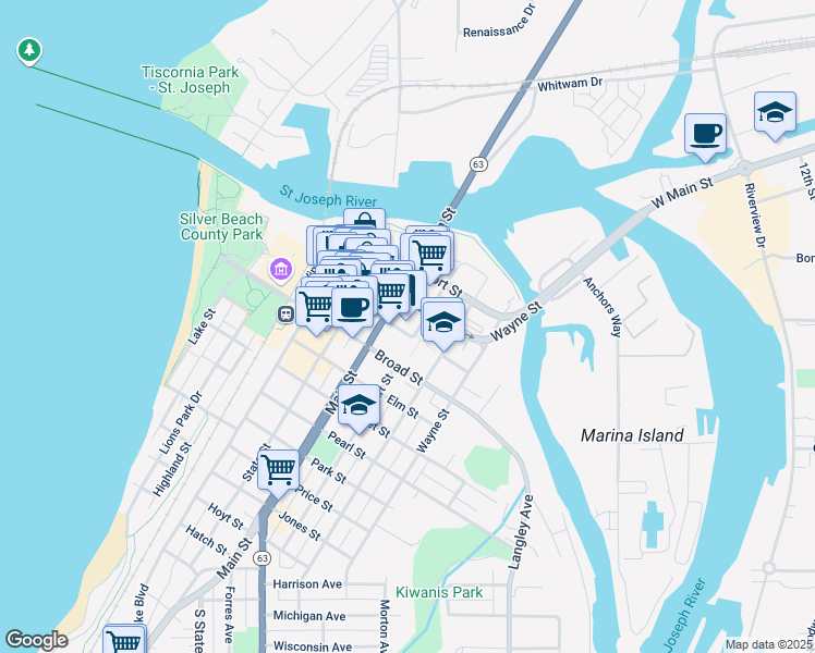 map of restaurants, bars, coffee shops, grocery stores, and more near 721 Pleasant Street in St. Joseph
